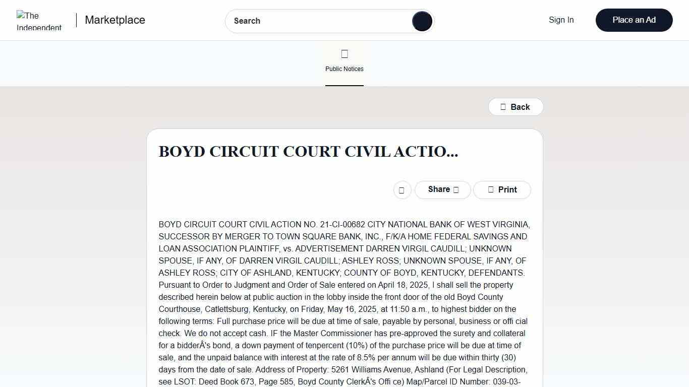 The Independent Classifieds Public Notices BOYD CIRCUIT COURT CIVIL ACTIO...
