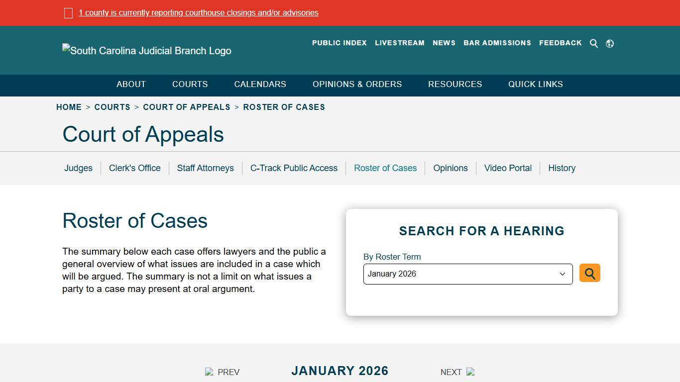 Roster of Cases - South Carolina Judicial Branch